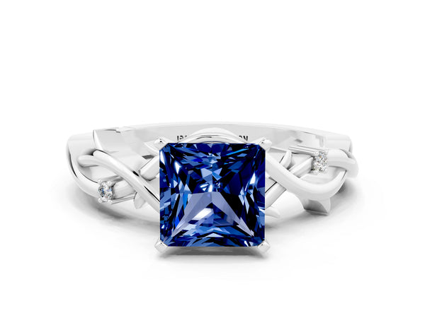 Silver Princess Cut Blue Sapphire Solitaire Ring with Twisted Band and Prong Setting