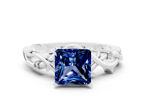 White gold Princess Cut Blue Sapphire Solitaire Ring with Twisted Band and Prong Setting