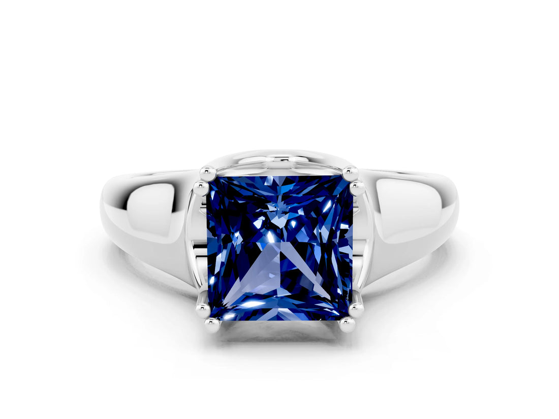 White gold Princess Cut Blue Sapphire Solitaire Ring with Wide Band and Prong Setting
