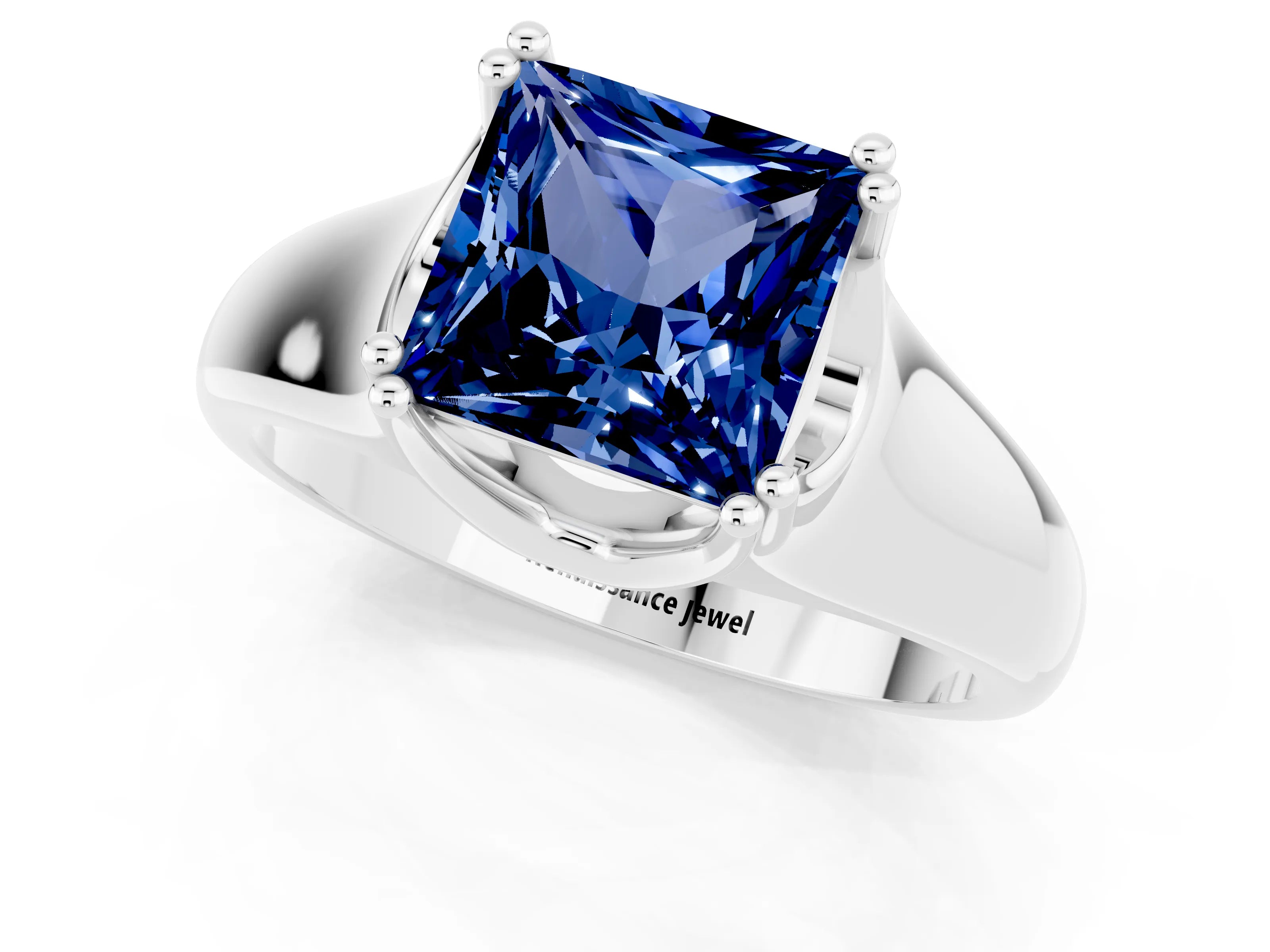 White gold Princess Cut Blue Sapphire Solitaire Ring with Wide Band and Prong Setting_1