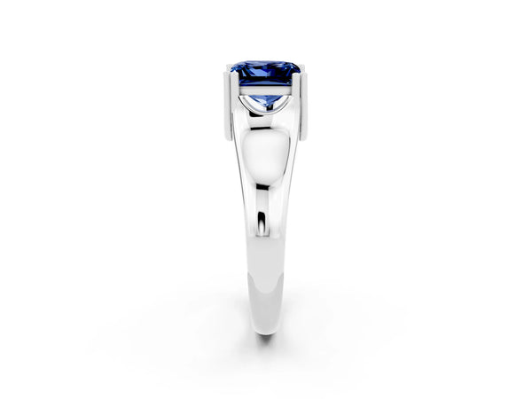Platinum Princess Cut Blue Sapphire Solitaire Ring with Wide Band and Prong Setting