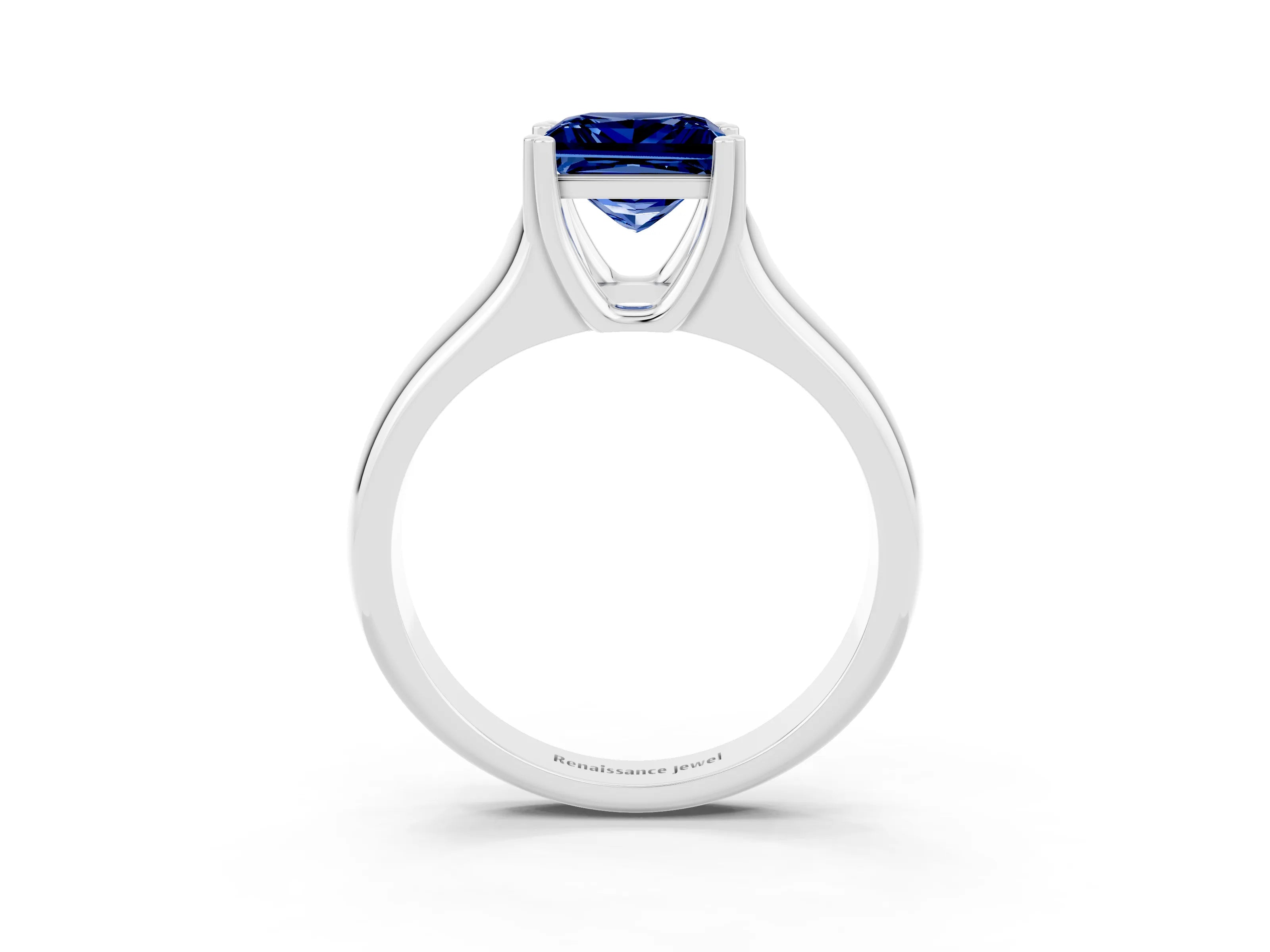 White gold Princess Cut Blue Sapphire Solitaire Ring with Wide Band and Prong Setting_3