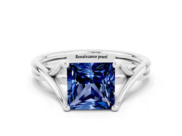 Silver Princess Cut Blue Sapphire Solitaire Twist Band Prong Setting Ring