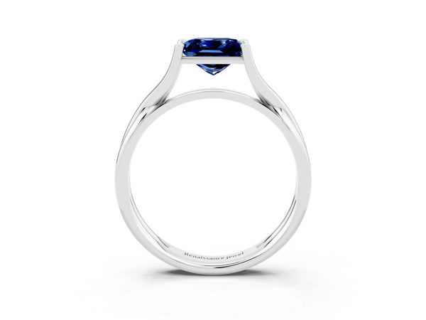 White gold Princess Cut Blue Sapphire Solitaire Twist Band Prong Setting Ring