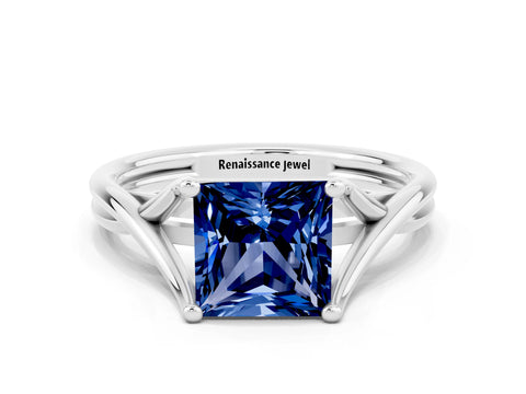White gold Princess Cut Blue Sapphire Solitaire Twist Band Prong Setting Ring_58