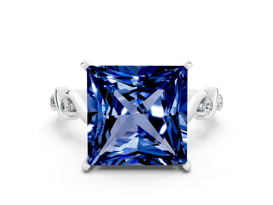 White gold Princess Cut Blue Sapphire Solitaire Twisted Band with Round  Accents and Prong Setting_12