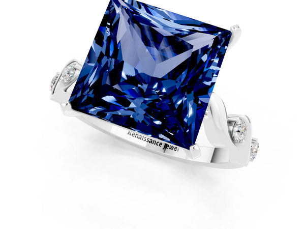Platinum Princess Cut Blue Sapphire Solitaire Twisted Band with Round  Accents and Prong Setting