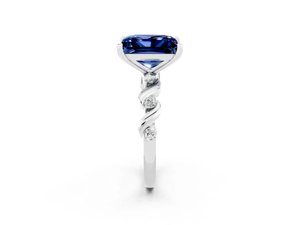 Platinum Princess Cut Blue Sapphire Solitaire Twisted Band with Round  Accents and Prong Setting