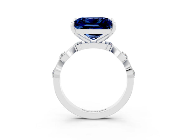 Silver Princess Cut Blue Sapphire Solitaire Twisted Band with Round  Accents and Prong Setting