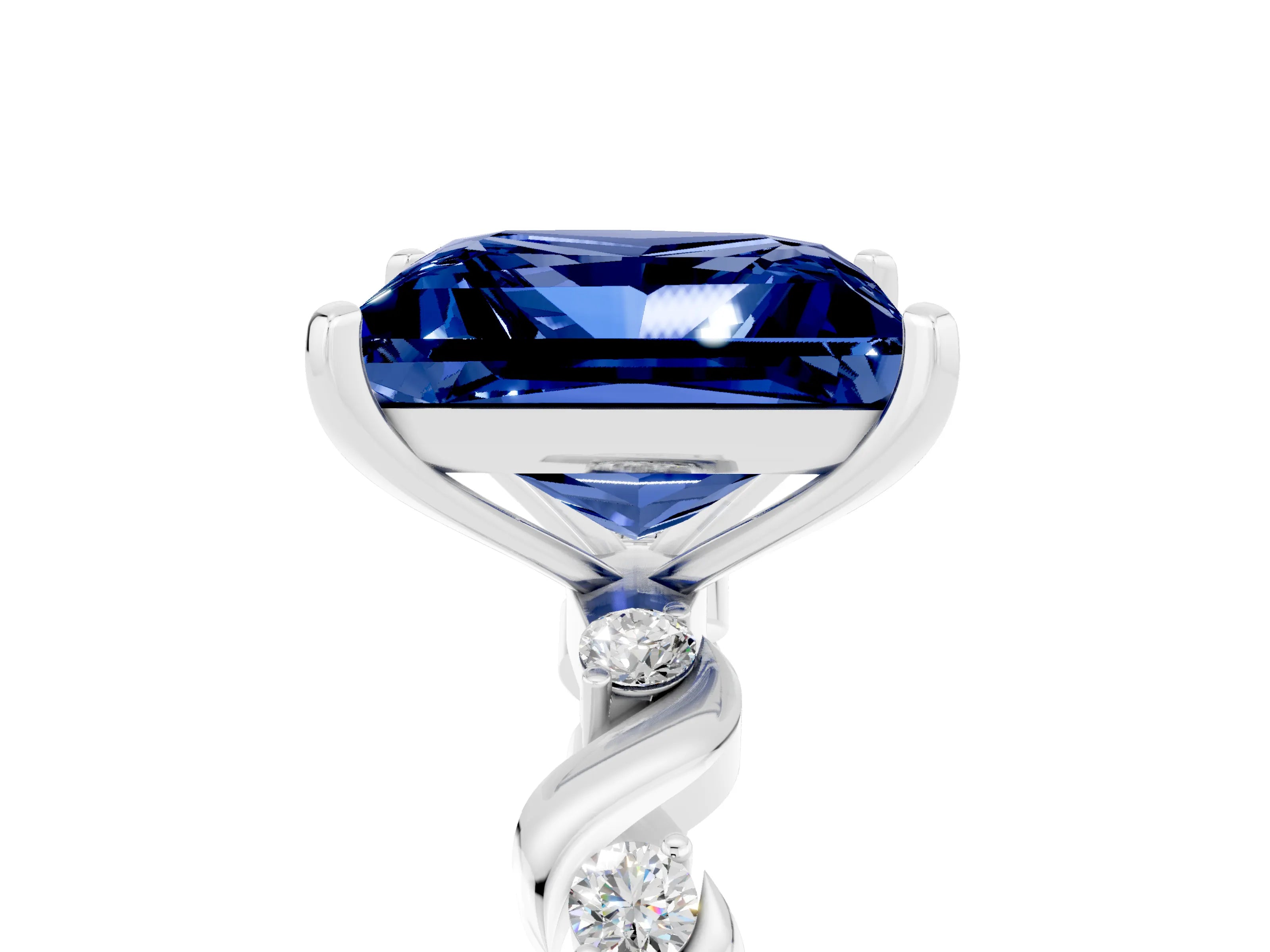 White gold Princess Cut Blue Sapphire Solitaire Twisted Band with Round  Accents and Prong Setting_17