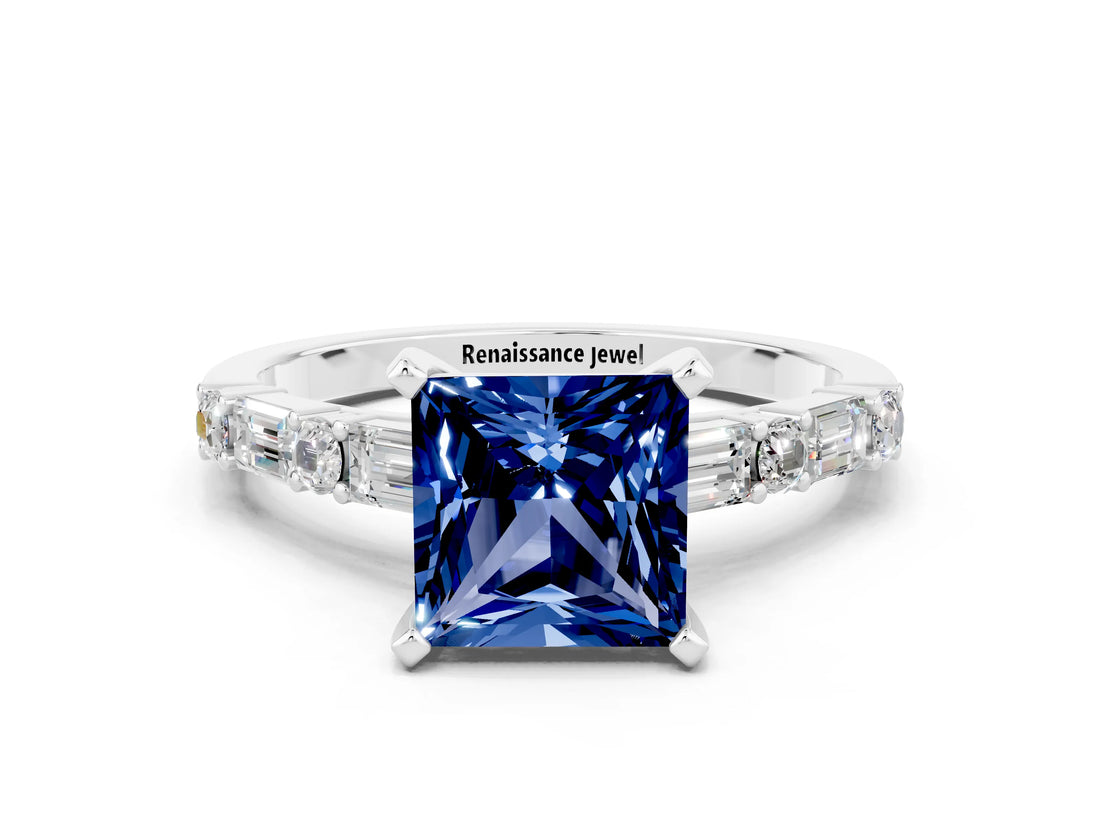 White gold Princess Cut Blue Sapphire Solitaire with Side Baguettes and Channel Set Band