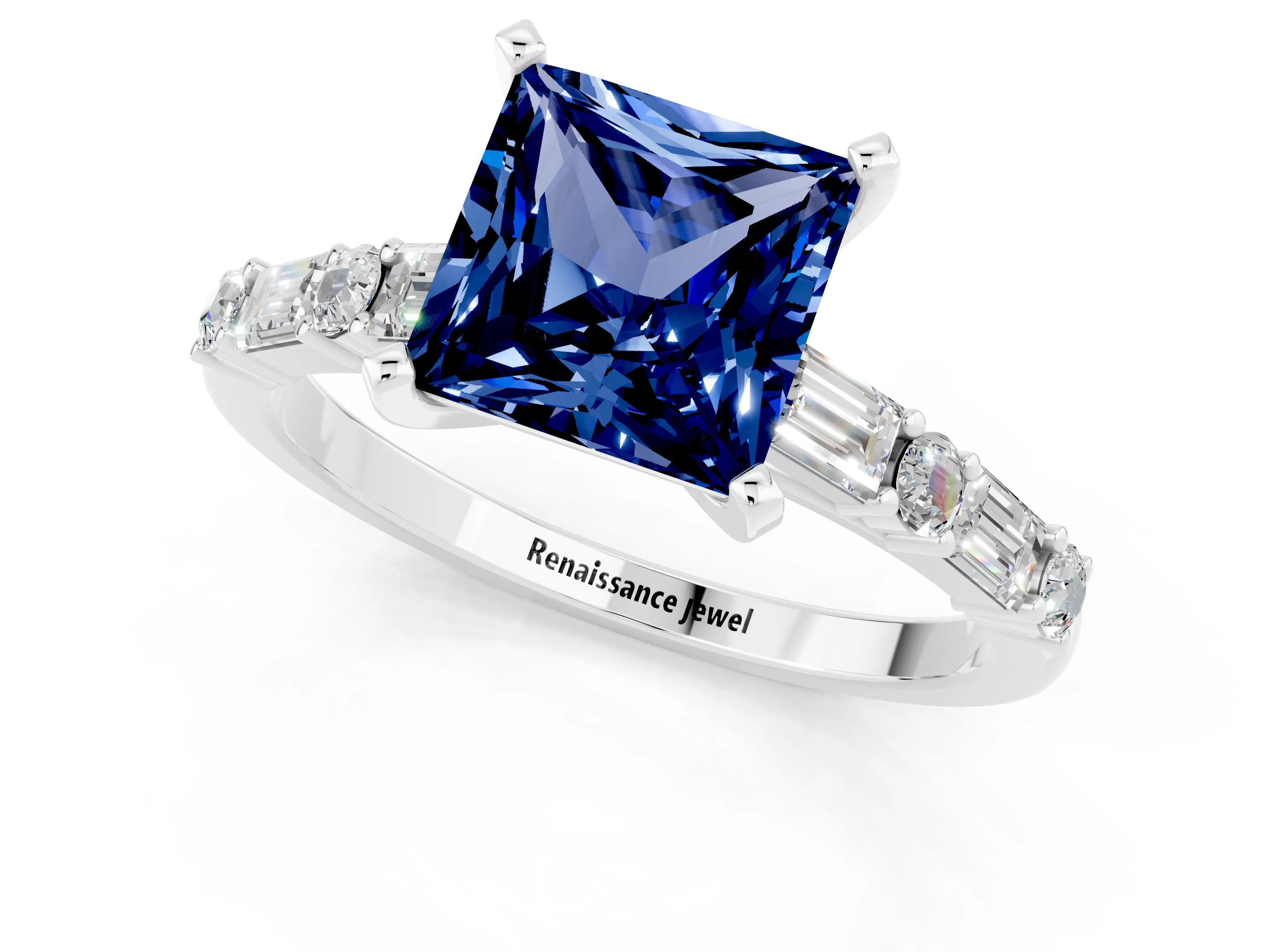 White gold Princess Cut Blue Sapphire Solitaire with Side Baguettes and Channel Set Band_1