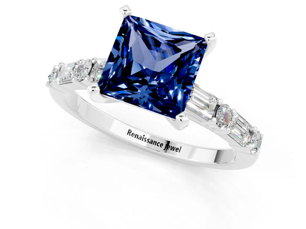 Silver Princess Cut Blue Sapphire Solitaire with Side Baguettes and Channel Set Band