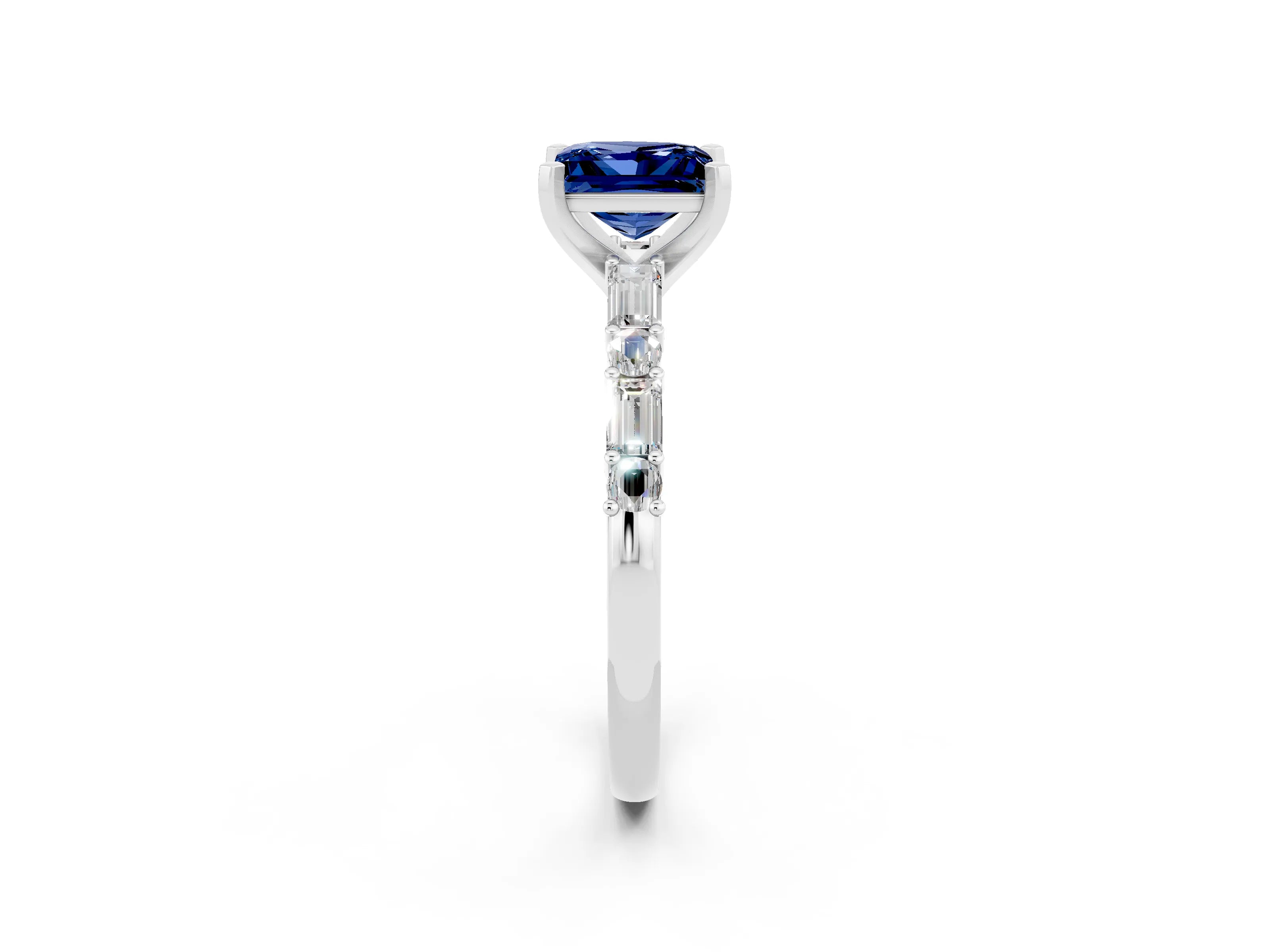 White gold Princess Cut Blue Sapphire Solitaire with Side Baguettes and Channel Set Band_2