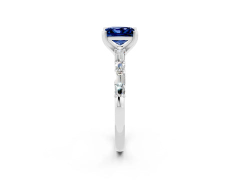 White gold Princess Cut Blue Sapphire Solitaire with Side Baguettes and Channel Set Band_2
