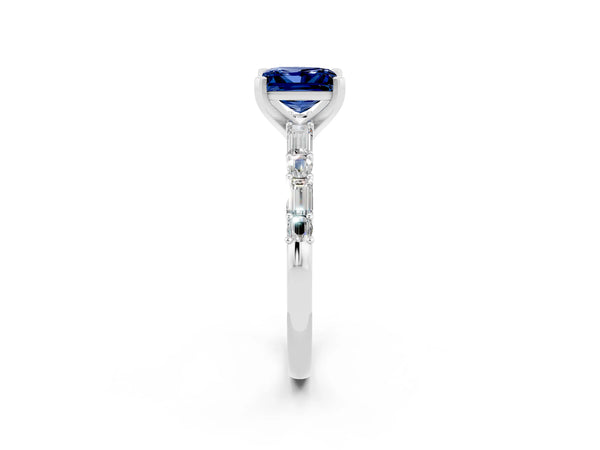 Silver Princess Cut Blue Sapphire Solitaire with Side Baguettes and Channel Set Band
