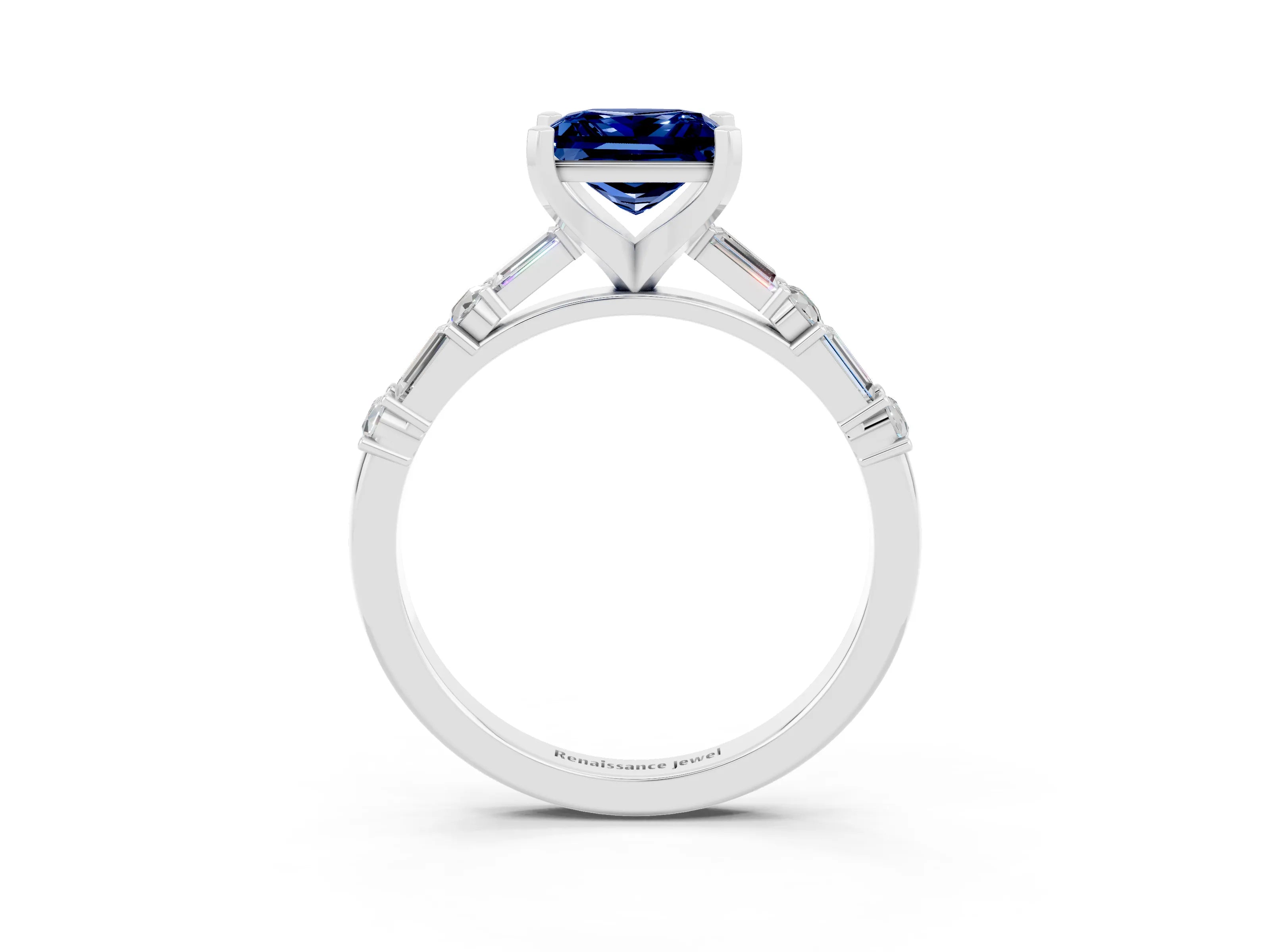 White gold Princess Cut Blue Sapphire Solitaire with Side Baguettes and Channel Set Band_3