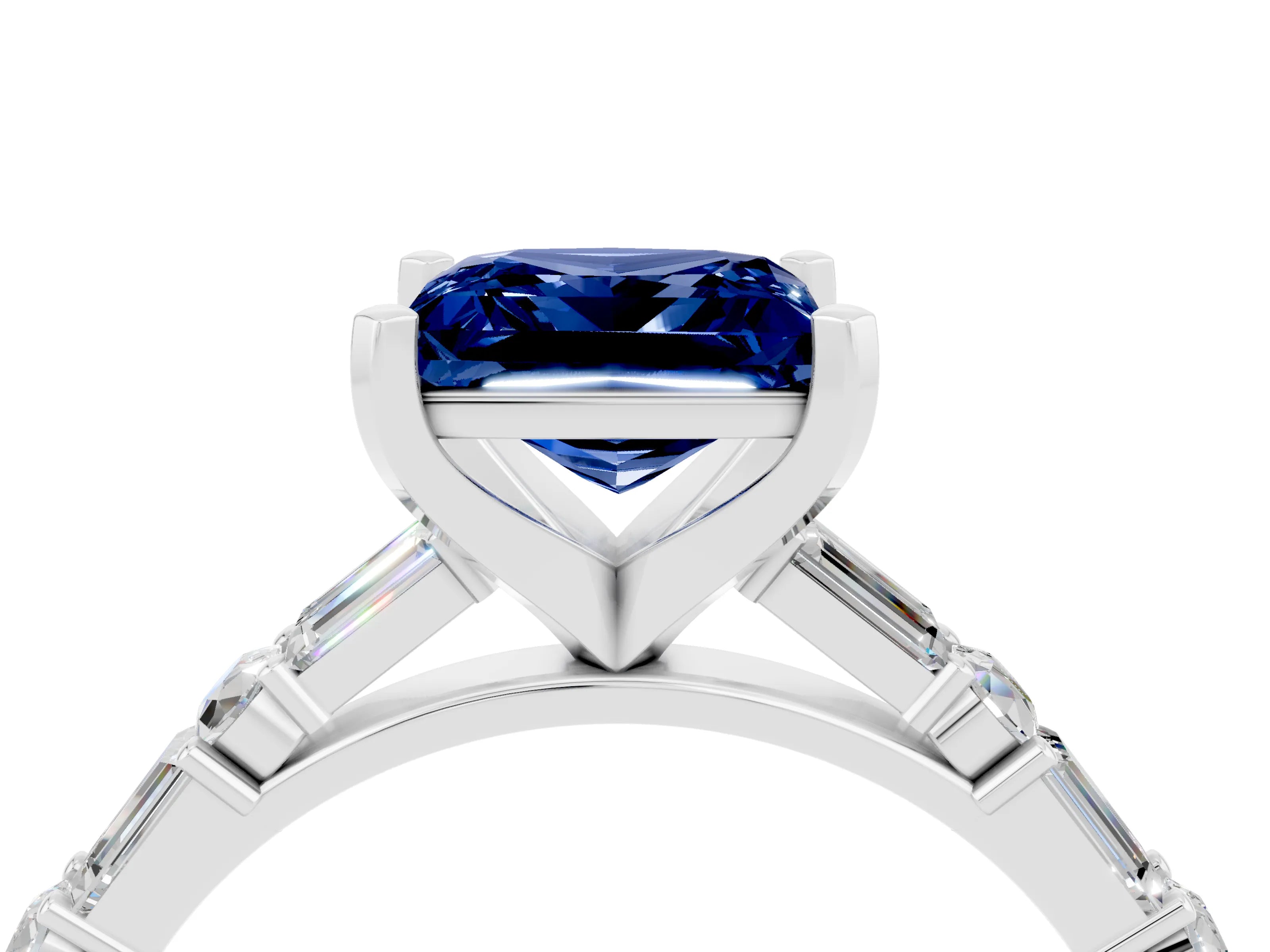 White gold Princess Cut Blue Sapphire Solitaire with Side Baguettes and Channel Set Band_4