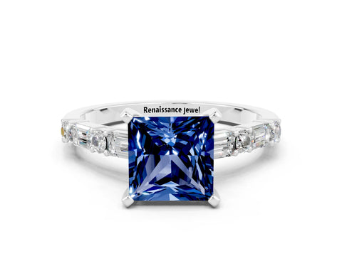 White gold Princess Cut Blue Sapphire Solitaire with Side Baguettes and Channel Set Band