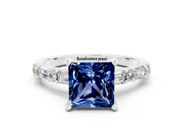 White gold Princess Cut Blue Sapphire Solitaire with Side Baguettes and Channel Set Band