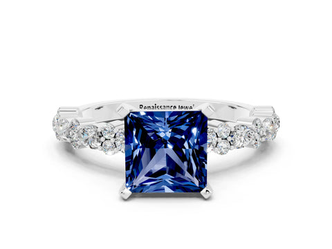 White gold Princess Cut Blue Sapphire Solitaire with Side Stones, Pave Band, Four-Prong Setting_36