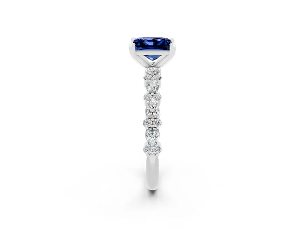 Silver Princess Cut Blue Sapphire Side Stone Solitaire Ring with Round  and Four-Prong Setting