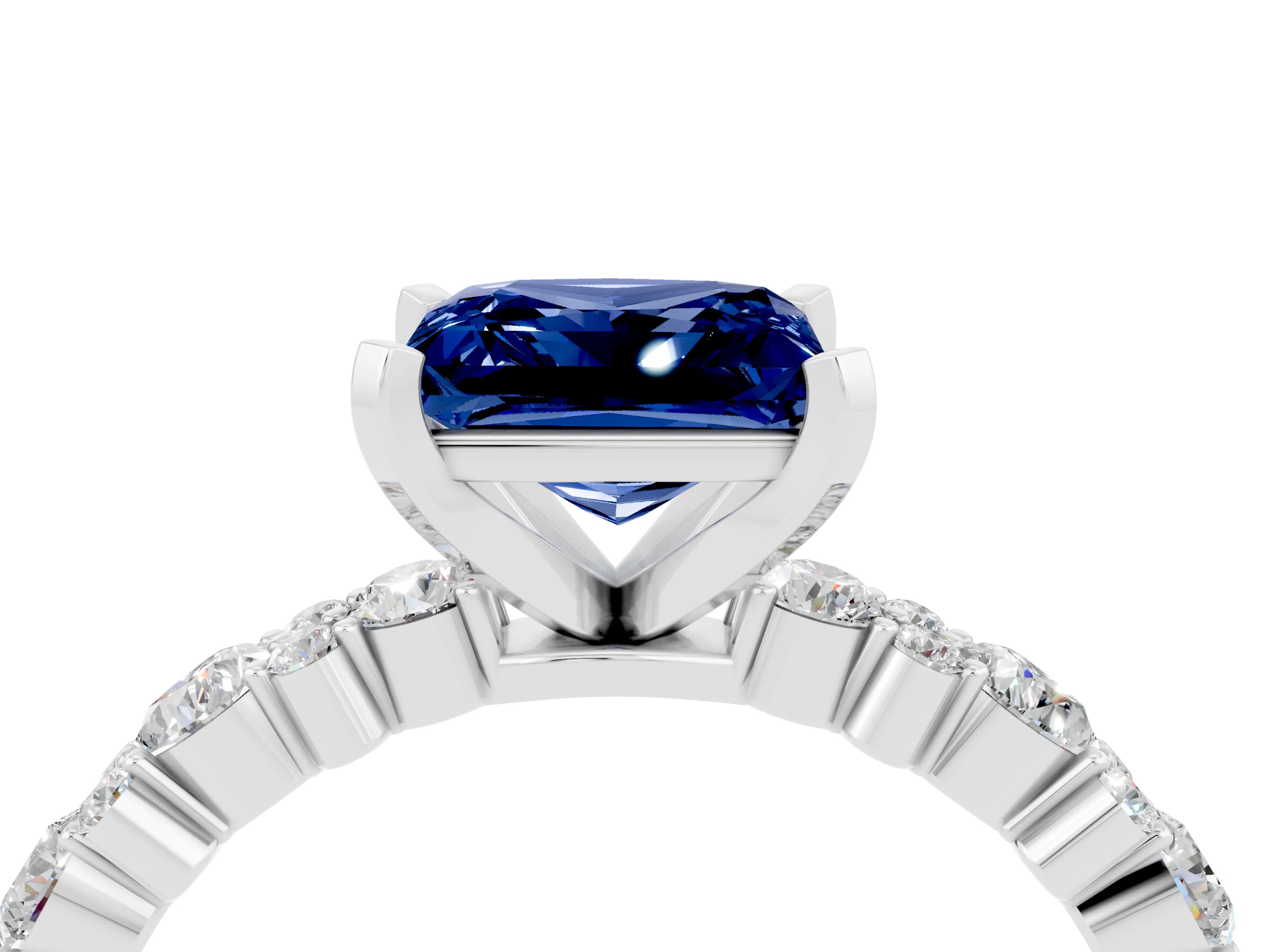 White gold Princess Cut Blue Sapphire Solitaire with Side Stones, Pave Band, Four-Prong Setting_40