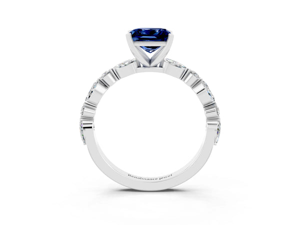 White gold Princess Cut Blue Sapphire Ring with Marquise and Round  Side Stones and Four-Prong Setting