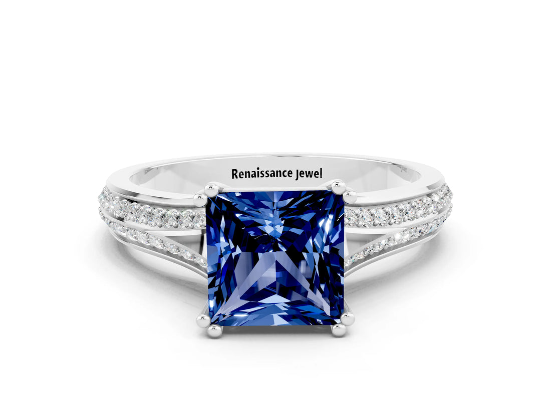 White gold Princess Cut Blue Sapphire Split Shank Engagement Ring with Pavé Band