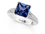 White gold Princess Cut Blue Sapphire Split Shank Engagement Ring with Pavé Band_1