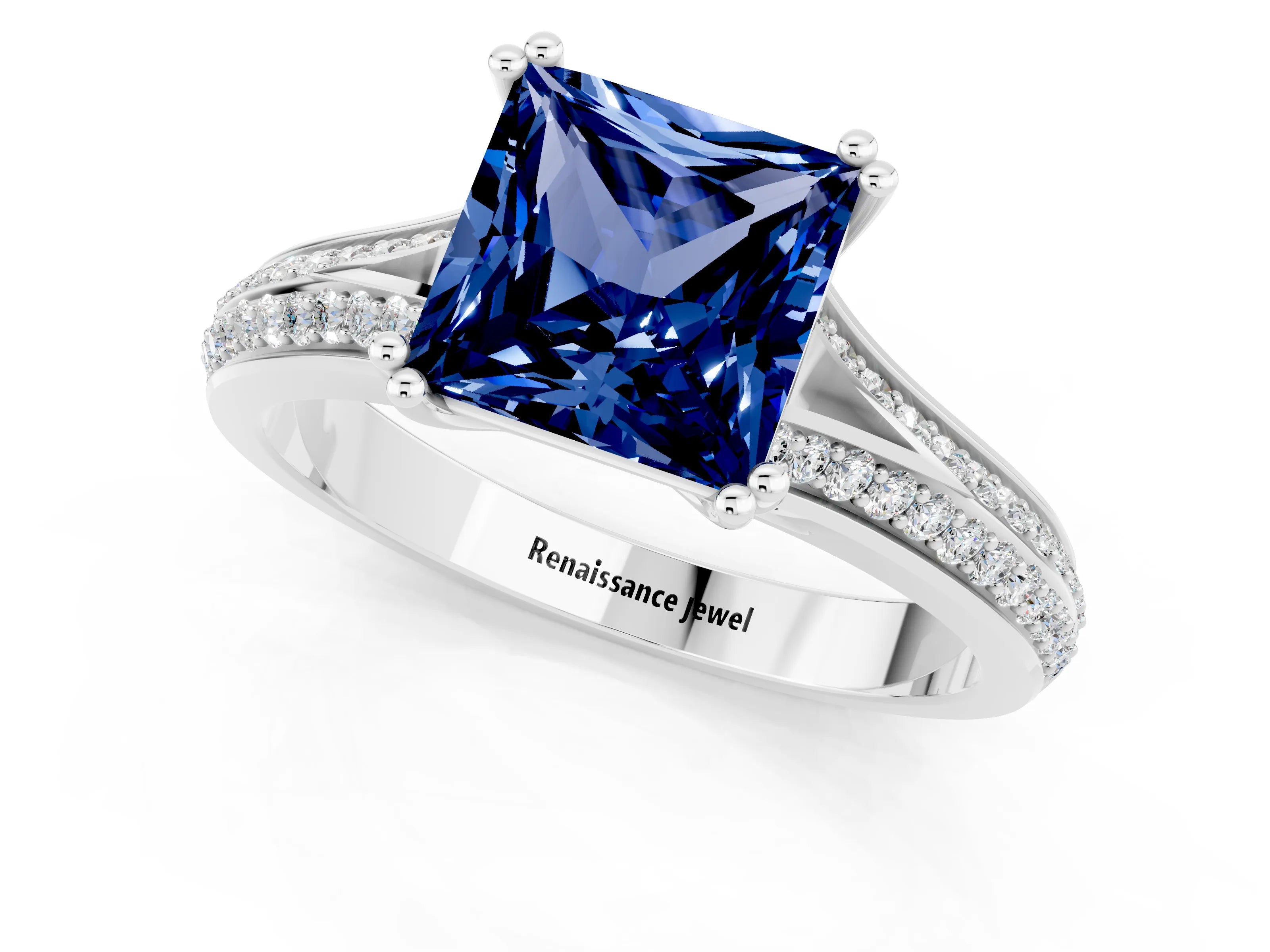White gold Princess Cut Blue Sapphire Split Shank Engagement Ring with Pavé Band_1