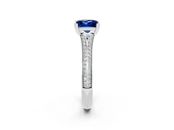 Platinum Princess Cut Blue Sapphire Split Shank Engagement Ring with Pavé Band