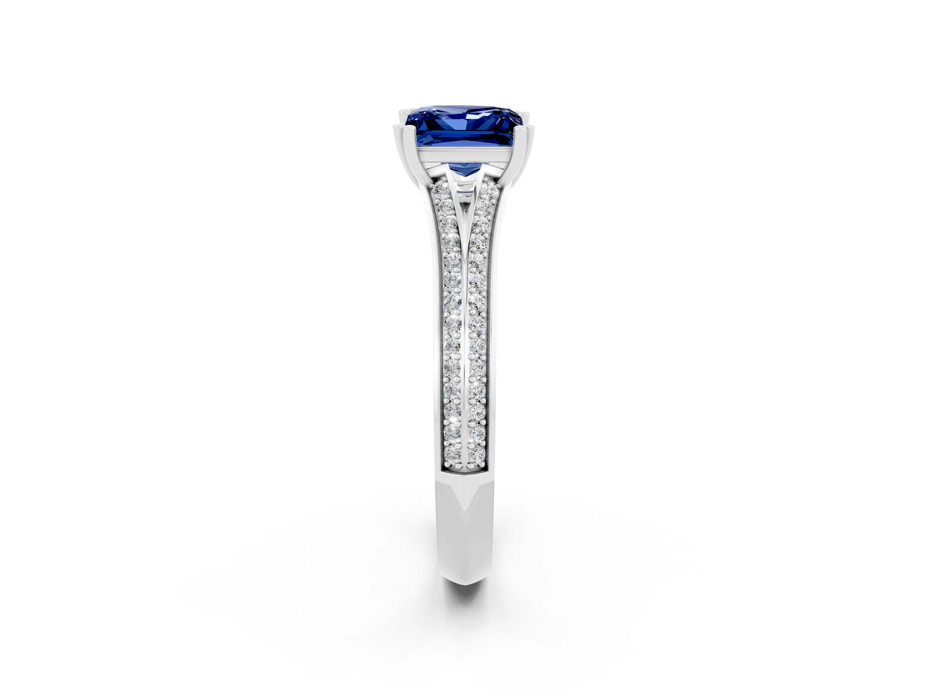 White gold Princess Cut Blue Sapphire Split Shank Engagement Ring with Pavé Band_2
