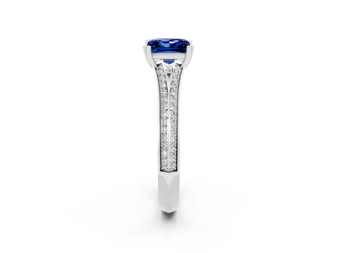 White gold Princess Cut Blue Sapphire Split Shank Engagement Ring with Pavé Band_2