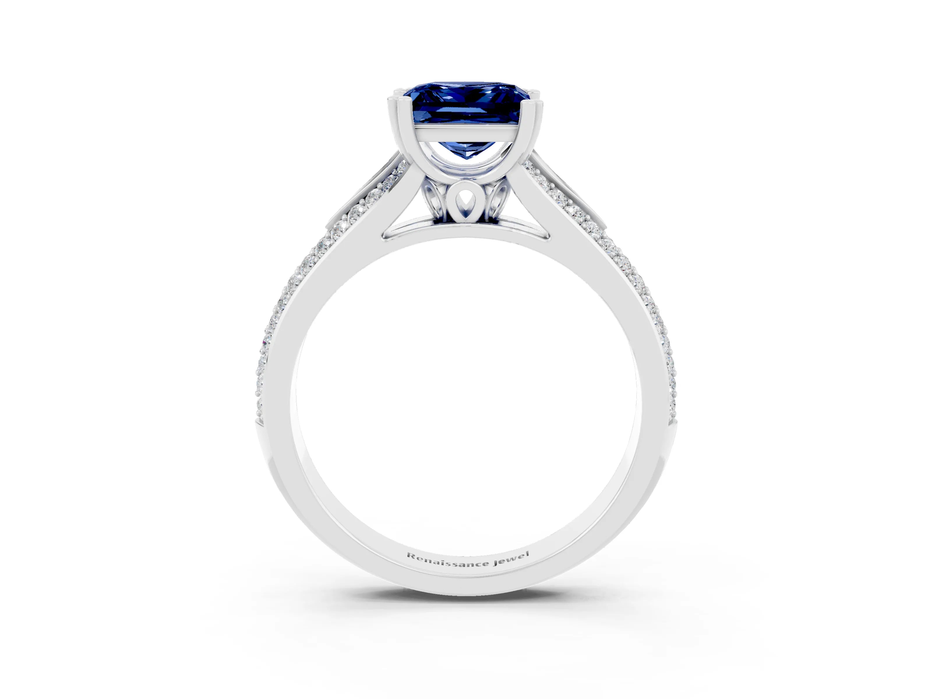 White gold Princess Cut Blue Sapphire Split Shank Engagement Ring with Pavé Band_3