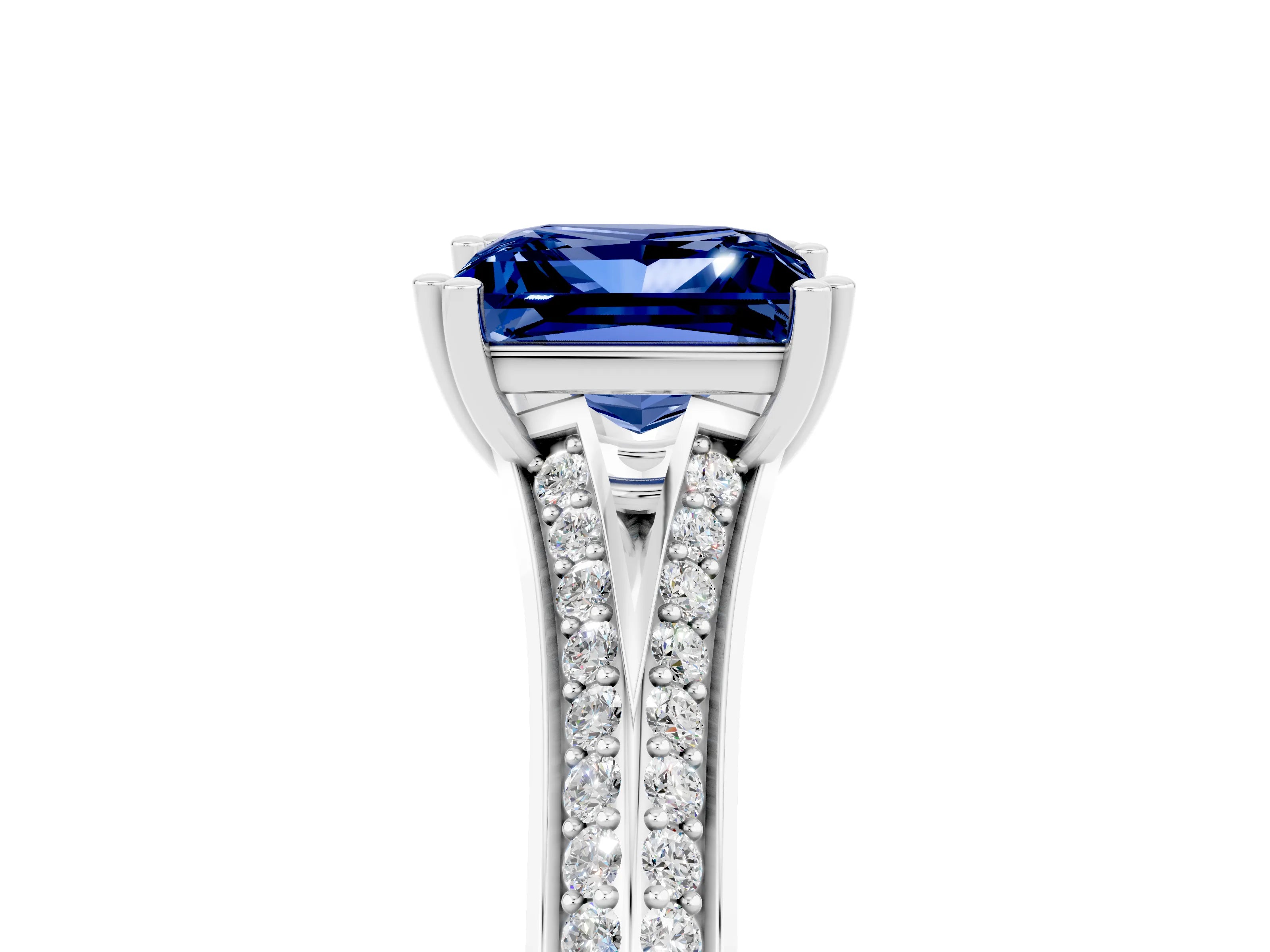 White gold Princess Cut Blue Sapphire Split Shank Engagement Ring with Pavé Band_5