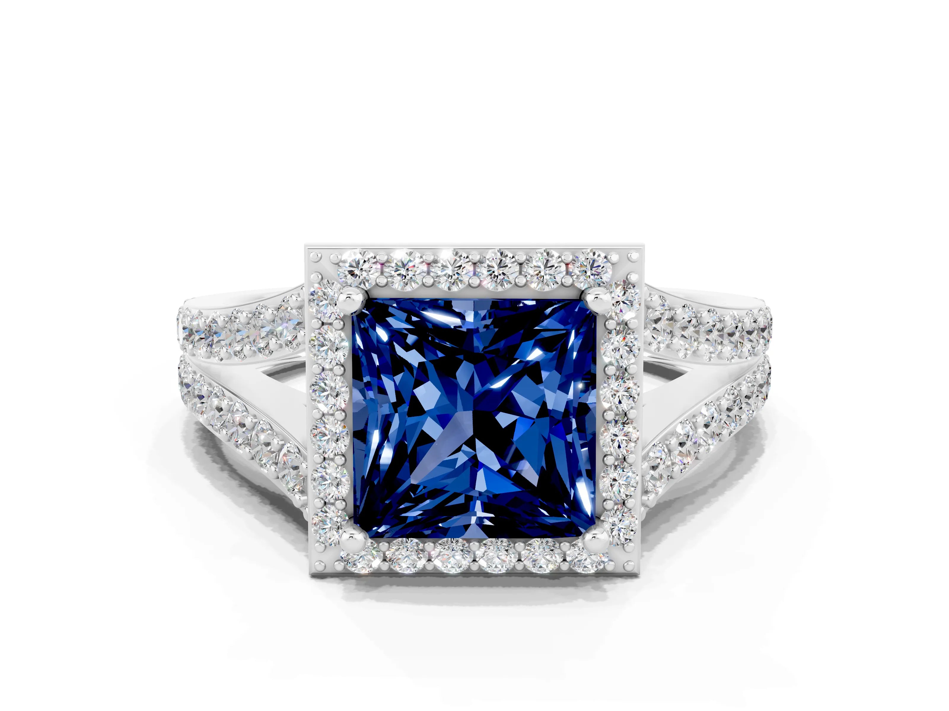 White gold Princess Cut Blue Sapphire Split Shank Halo Ring with Four-Prong Setting_61
