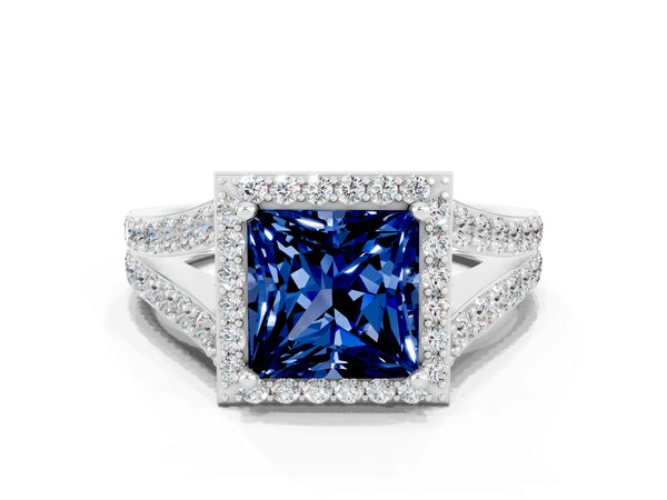 White gold Princess Cut Blue Sapphire Split Shank Halo Ring with Four-Prong Setting