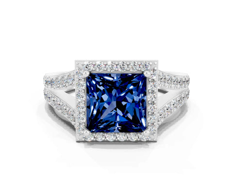 White gold Princess Cut Blue Sapphire Split Shank Halo Ring with Four-Prong Setting_61