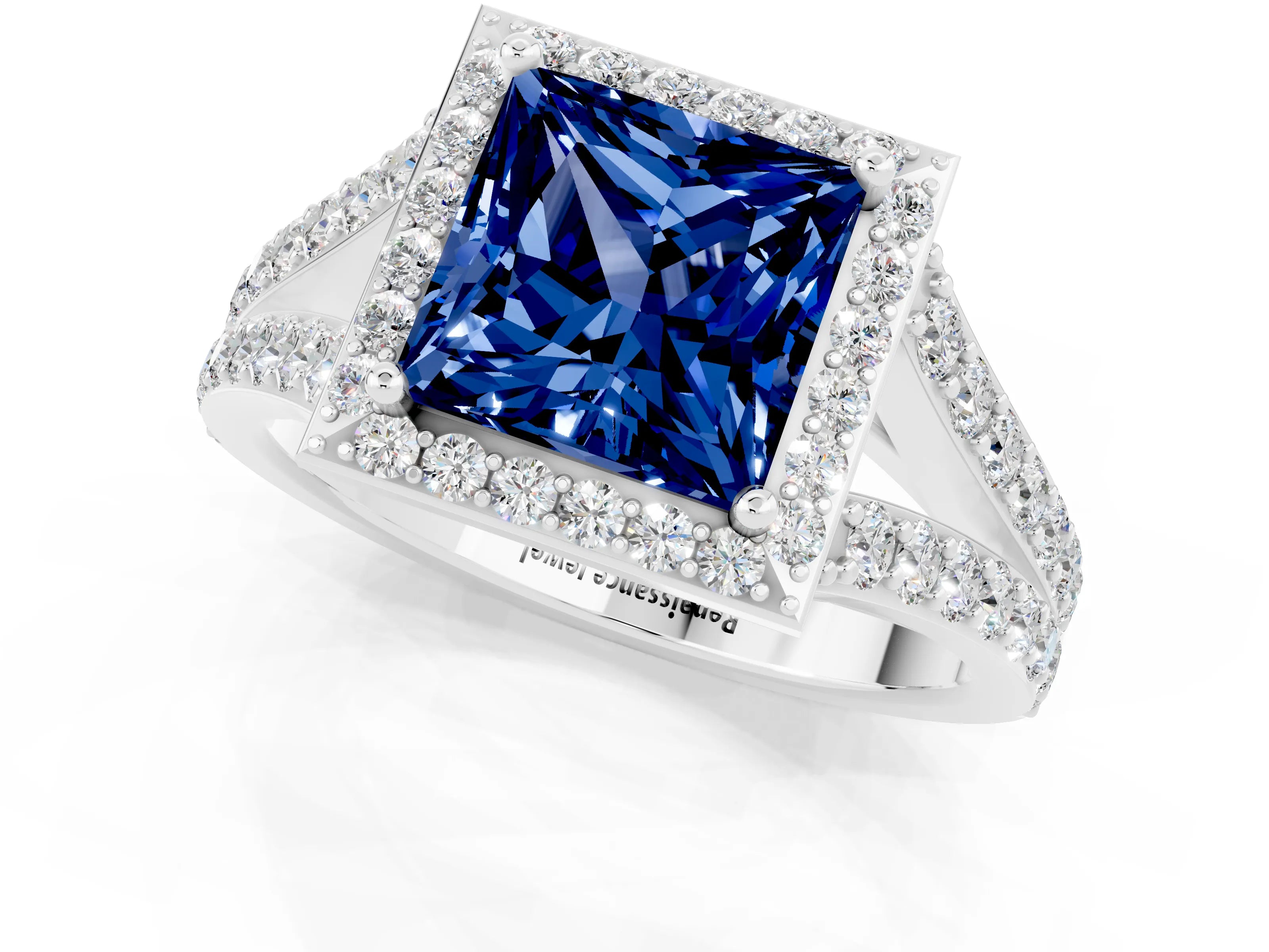 White gold Princess Cut Blue Sapphire Split Shank Halo Ring with Four-Prong Setting_61