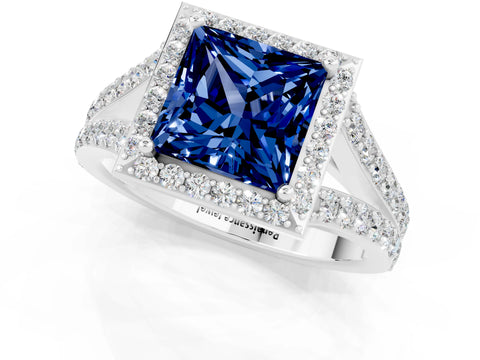 White gold Princess Cut Blue Sapphire Split Shank Halo Ring with Four-Prong Setting_61