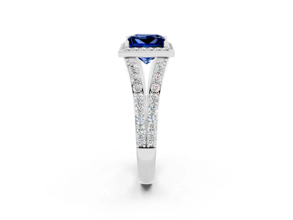 Platinum Princess Cut Blue Sapphire Split Shank Halo Ring with Four-Prong Setting