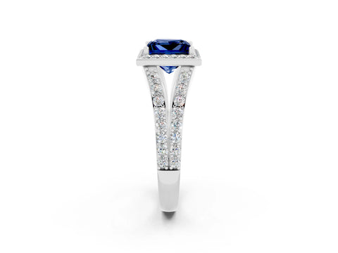 White gold Princess Cut Blue Sapphire Split Shank Halo Ring with Four-Prong Setting_62