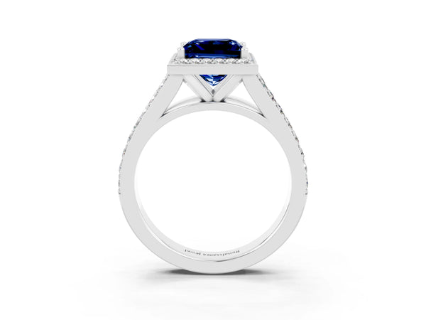Platinum Princess Cut Blue Sapphire Split Shank Halo Ring with Four-Prong Setting