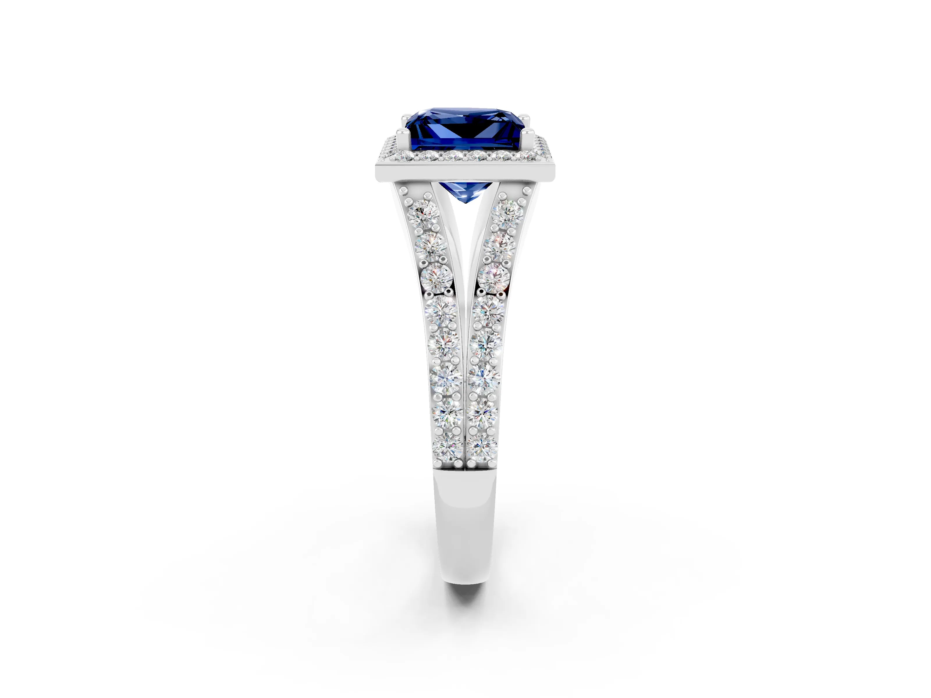 White gold Princess Cut Blue Sapphire Split Shank Halo Ring with Four-Prong Setting_63