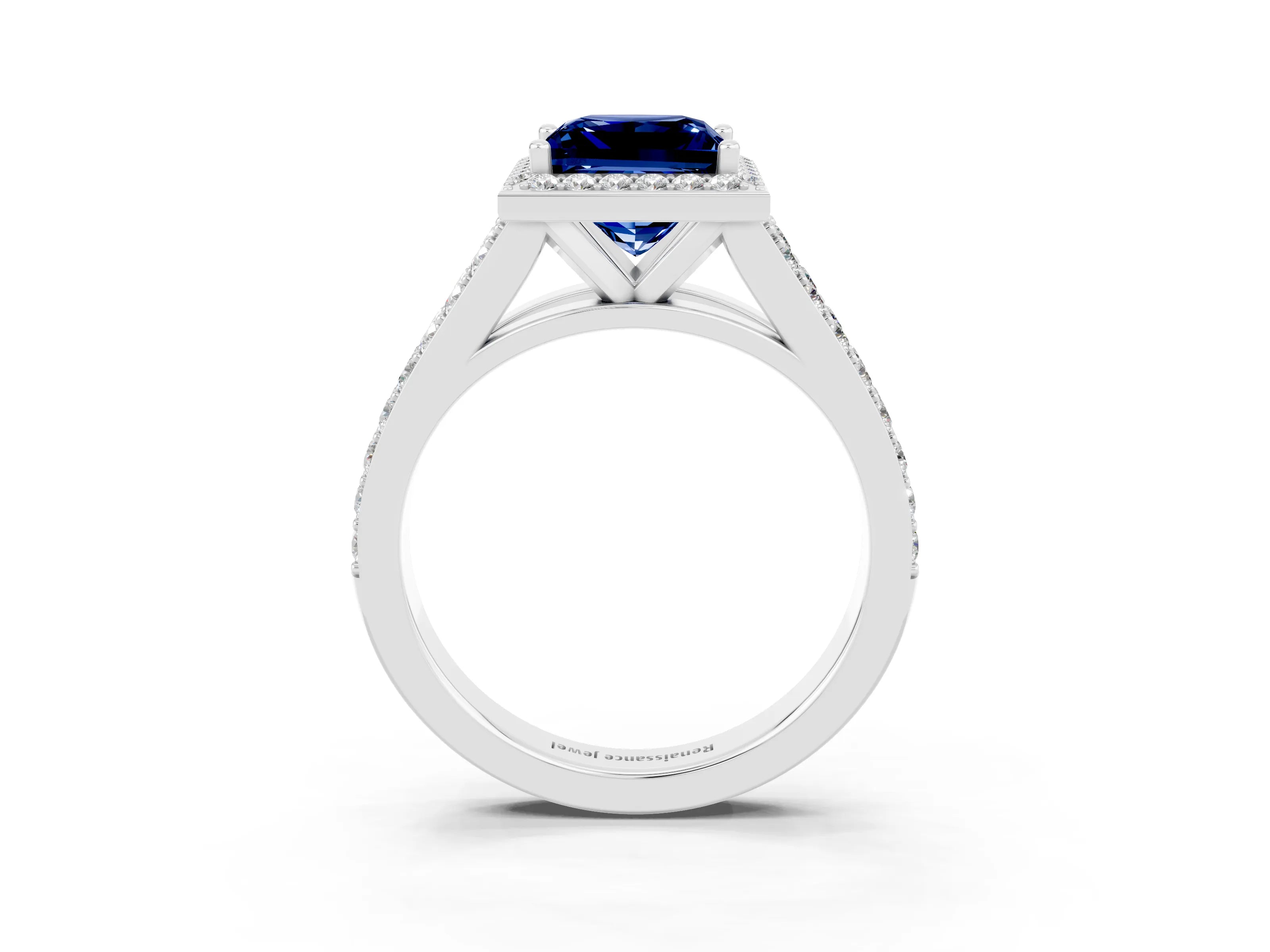 White gold Princess Cut Blue Sapphire Split Shank Halo Ring with Four-Prong Setting_64