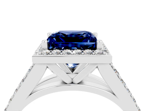 White gold Princess Cut Blue Sapphire Split Shank Halo Ring with Four-Prong Setting_65