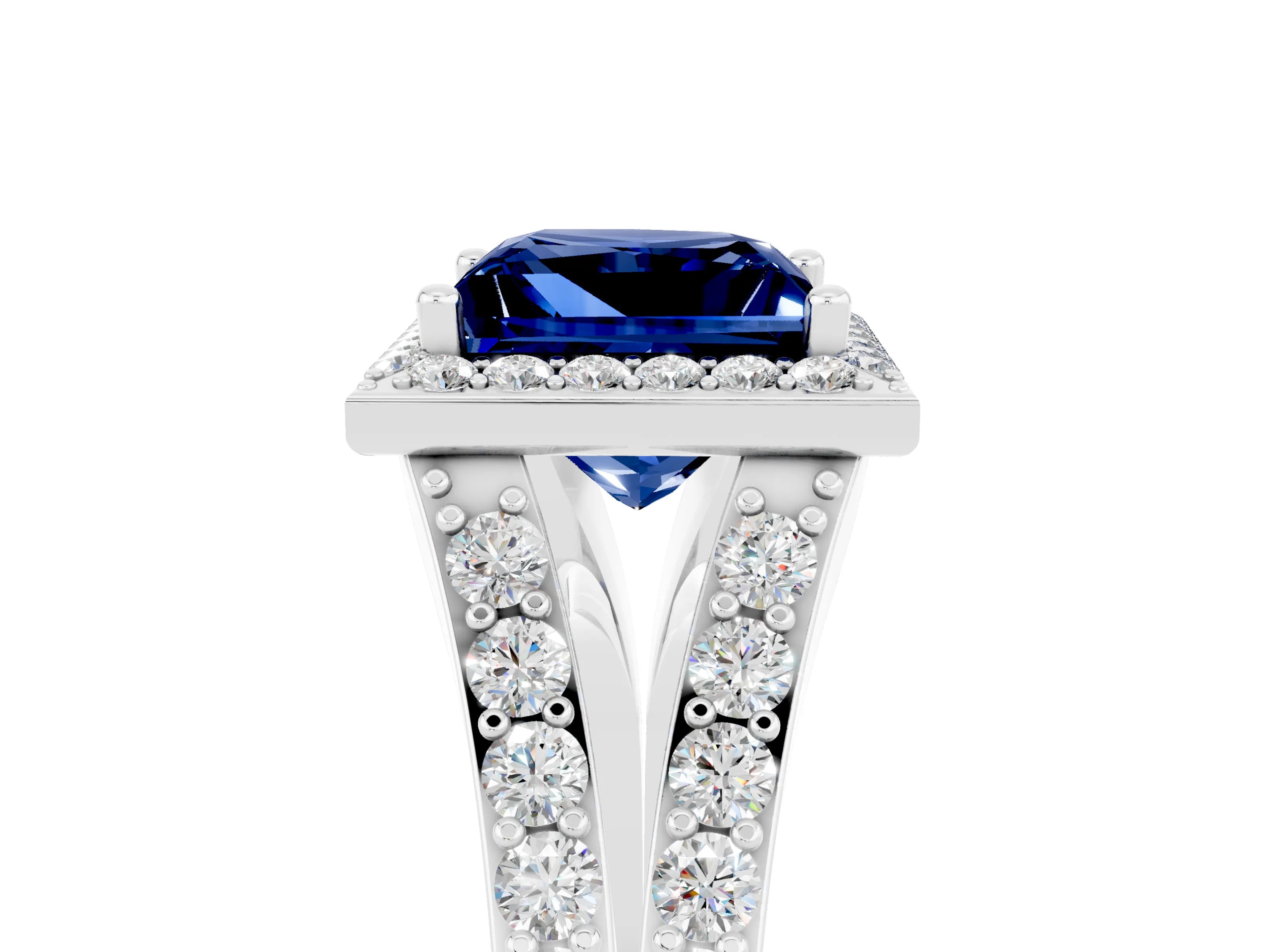 White gold Princess Cut Blue Sapphire Split Shank Halo Ring with Four-Prong Setting_65