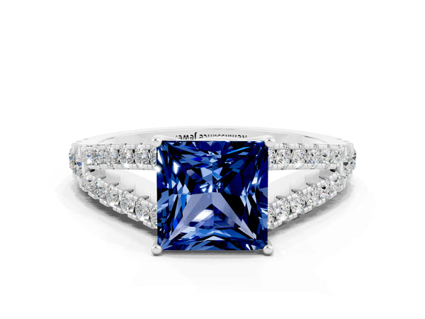 Platinum Princess Cut Blue Sapphire Split Shank Pavé Engagement Ring with Four-Prong Setting