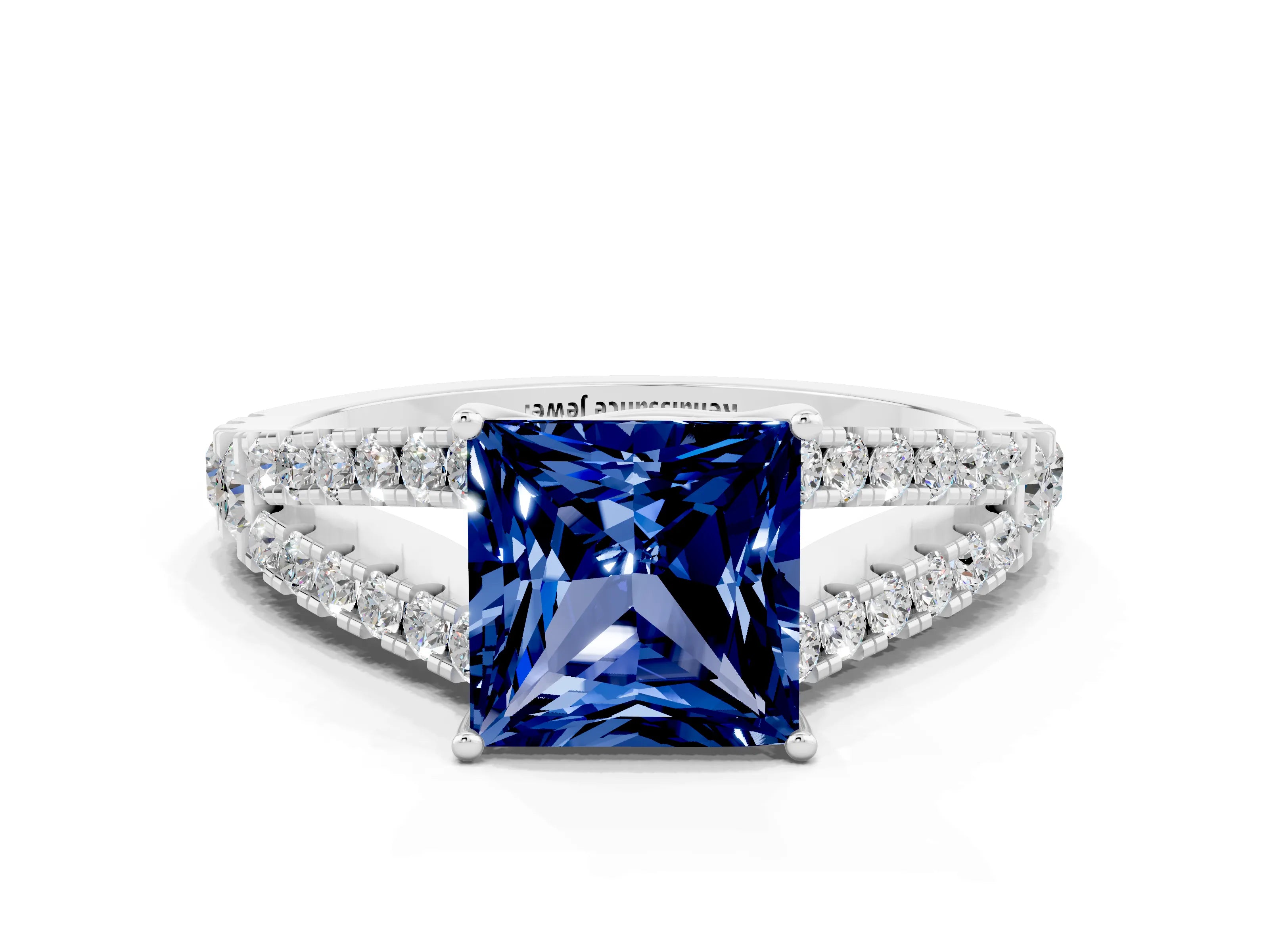 White gold Princess Cut Blue Sapphire Split Shank Pavé Engagement Ring with Four-Prong Setting_12